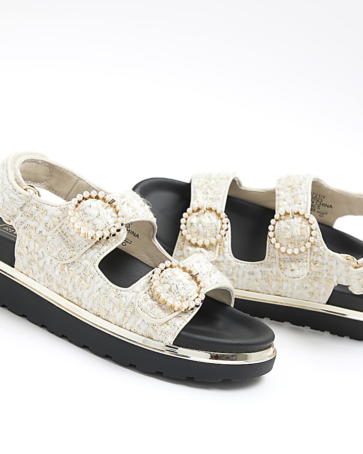 Girls cream boucle pearl sandals