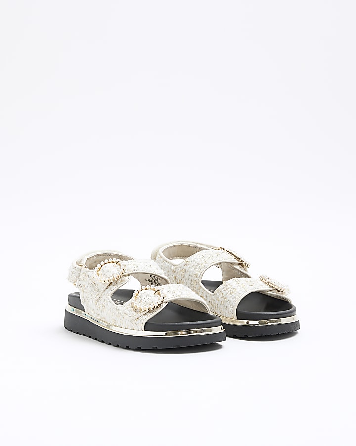 Girls cream boucle pearl sandals