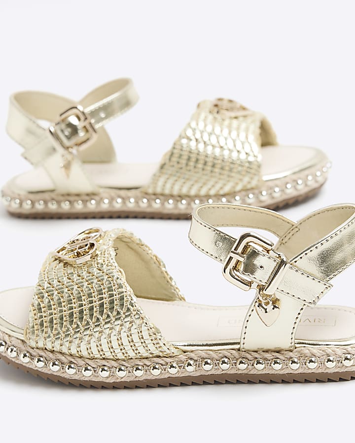 Girls gold woven studded sandals