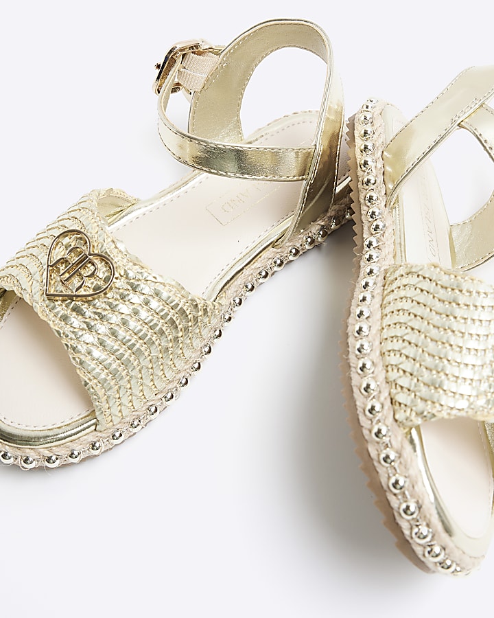 Girls gold woven studded sandals