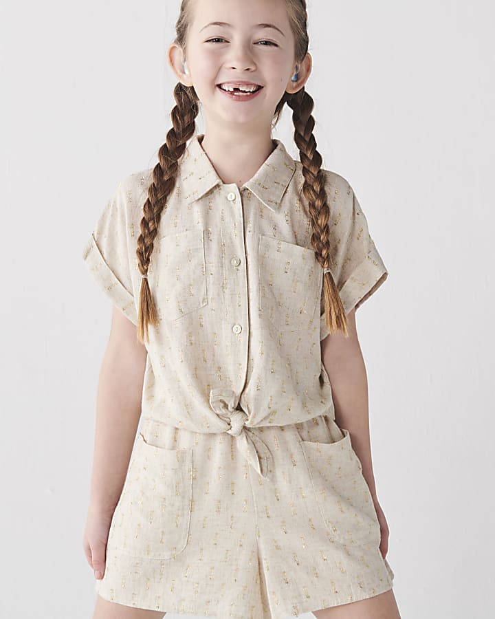 Girls Beige glitter shirt and shorts set