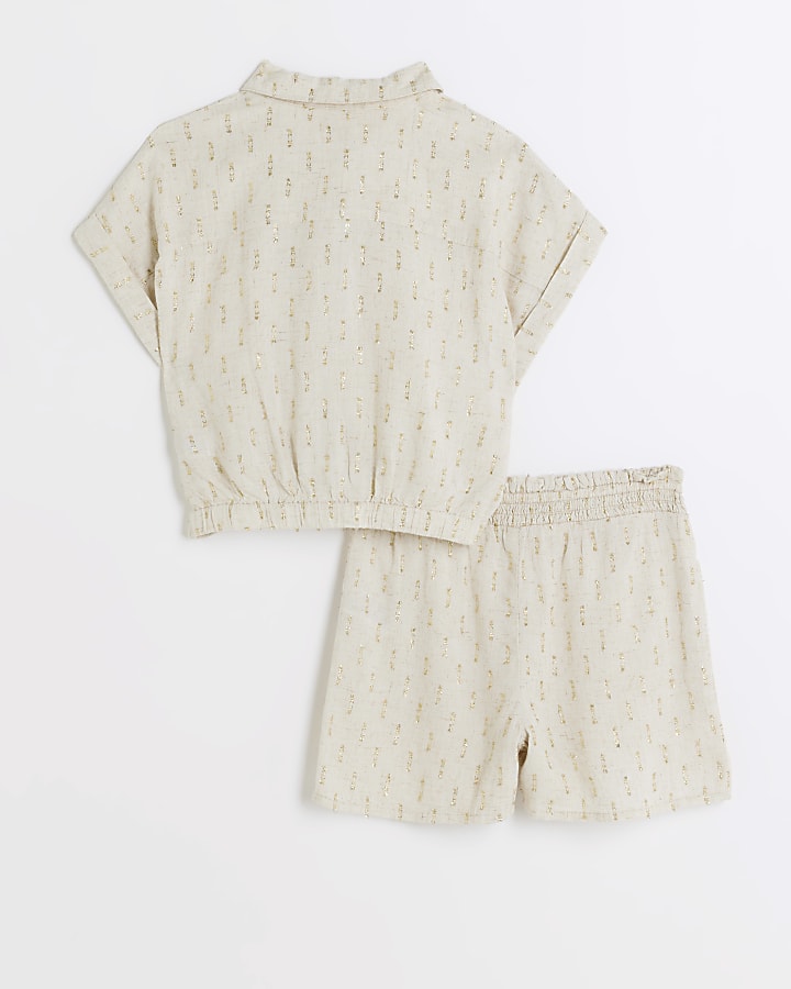 Girls Beige glitter shirt and shorts set