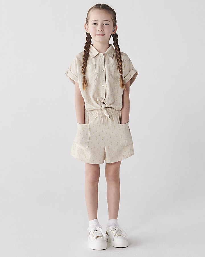 Girls Beige glitter shirt and shorts set