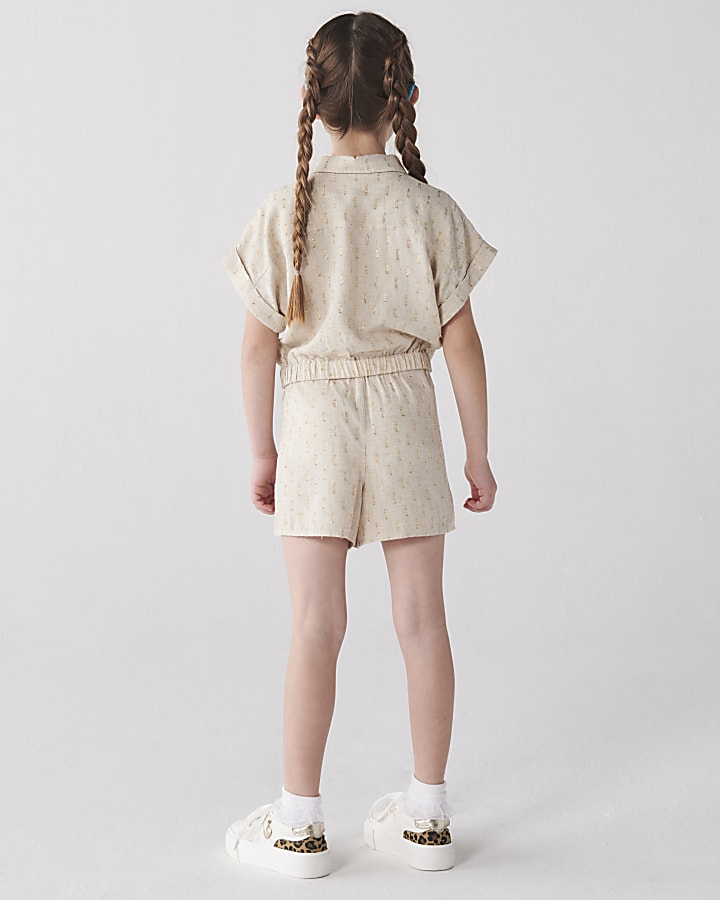 Girls Beige glitter shirt and shorts set