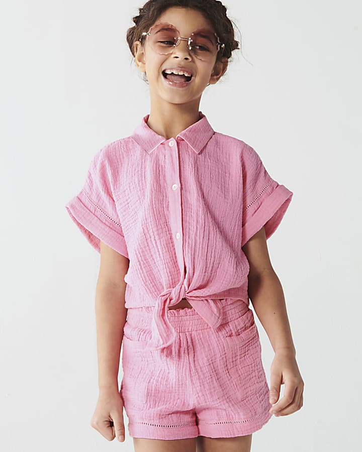 Girls pink textured tie up top set