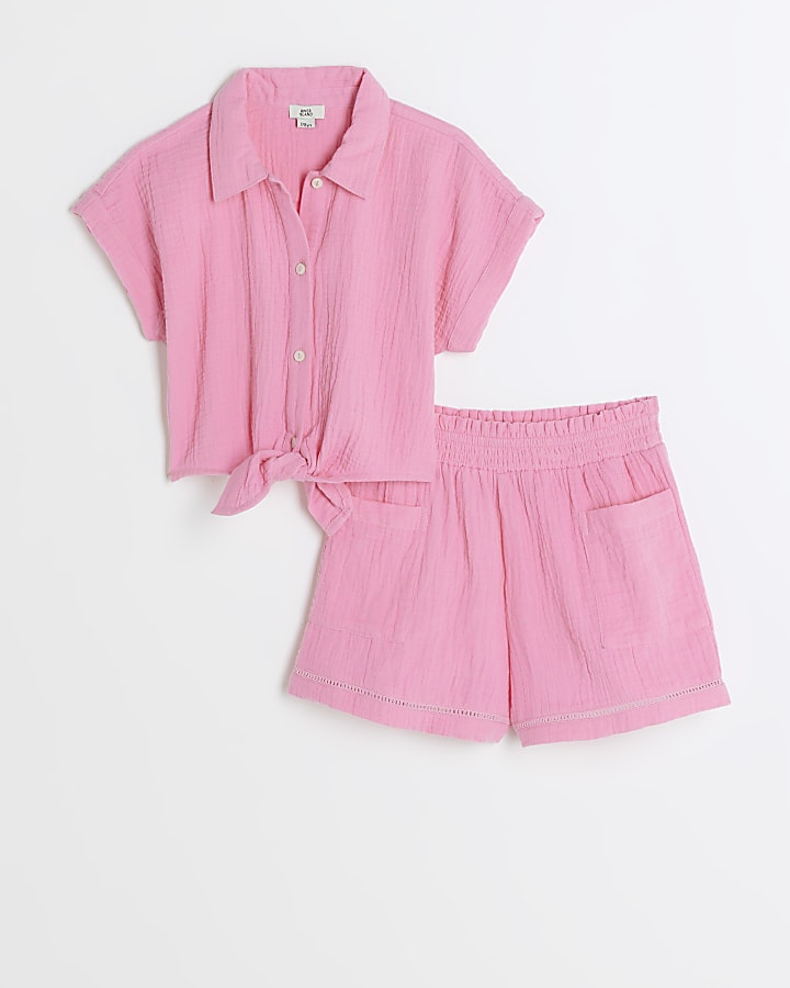 Girls pink textured tie up top set