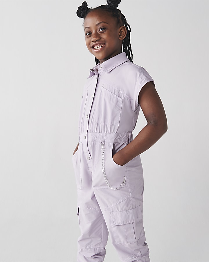 Girls purple utility jumpsuit River Island