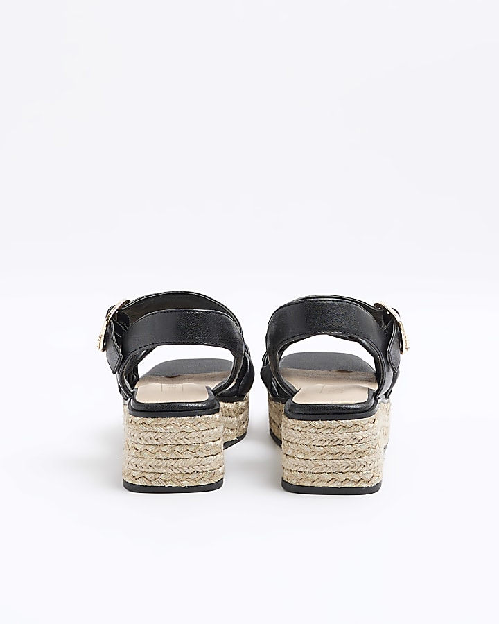 Girls black woven plait wedge shoes