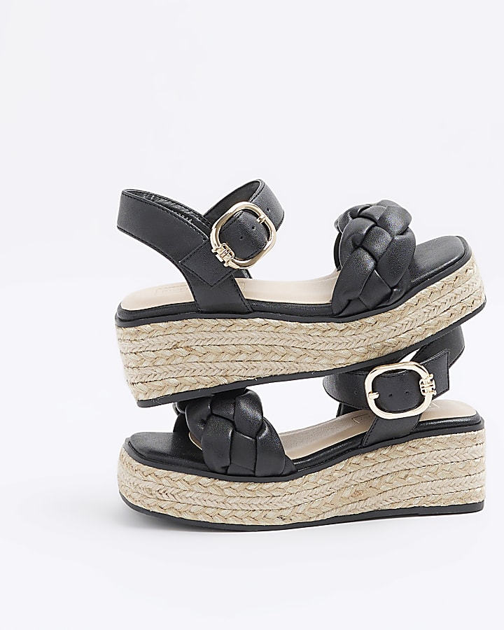 Girls black woven plait wedge shoes