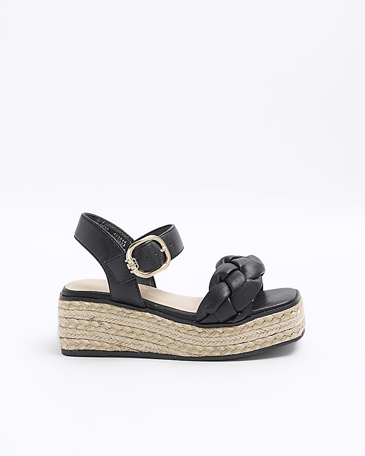 Girls black woven plait wedge shoes