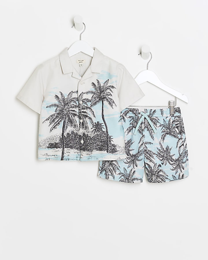 Mini boys ecru palm tree shirt and shorts set