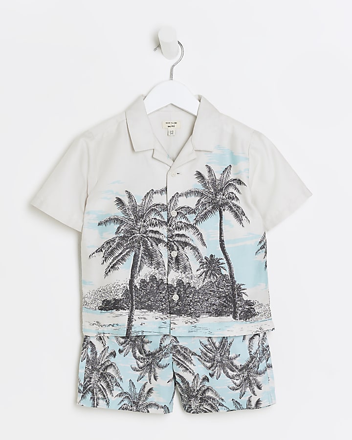 Mini boys ecru palm tree shirt and shorts set