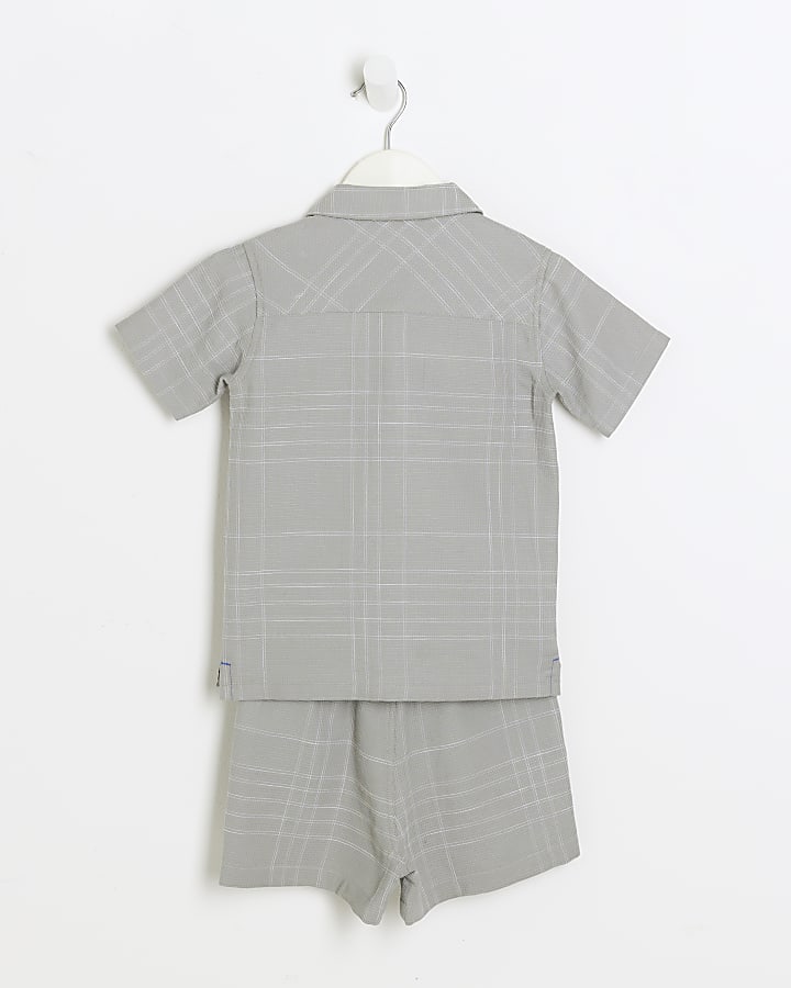 Mini boys khaki checked shirt and shorts set