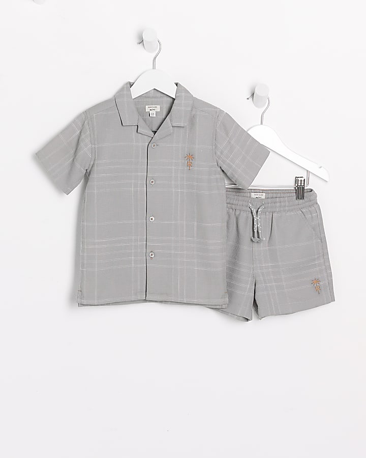 Mini boys khaki checked shirt and shorts set