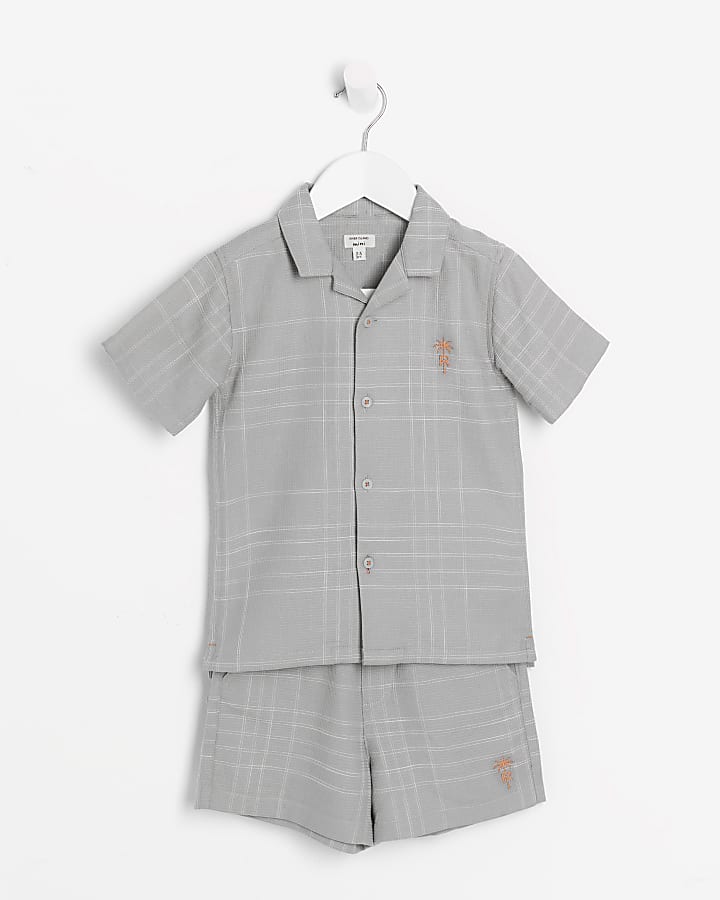 Mini boys khaki checked shirt and shorts set