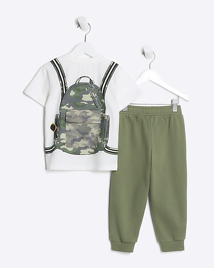 Mini Boys khaki backpack t-shirt set