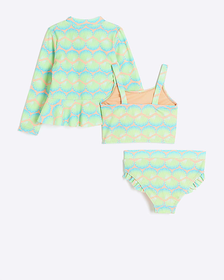 Mini girls green shell rash swim set