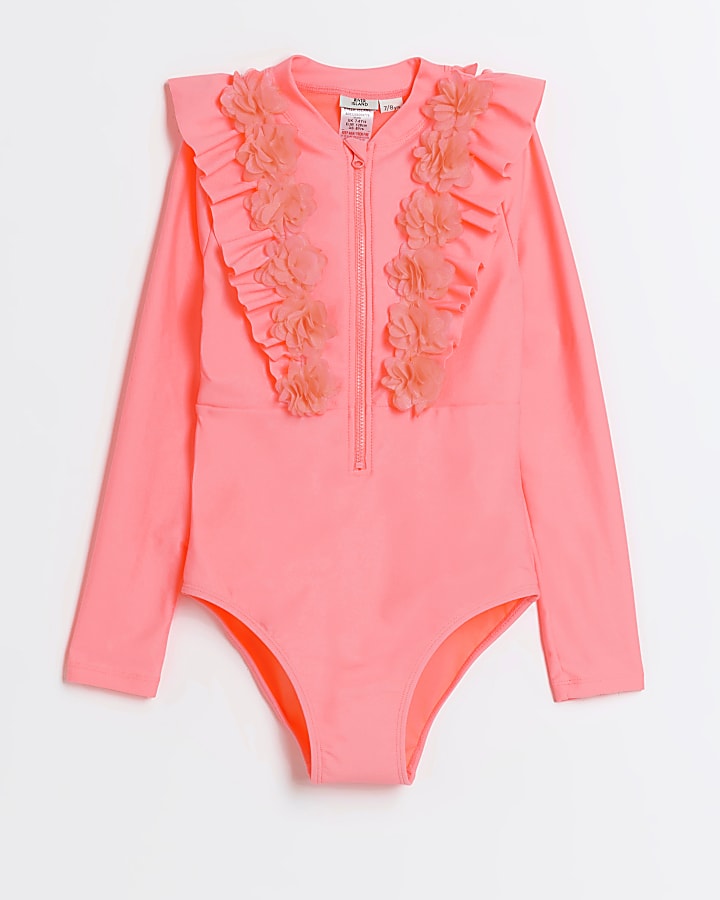 Girls pink floral long sleeve rashsuit swim