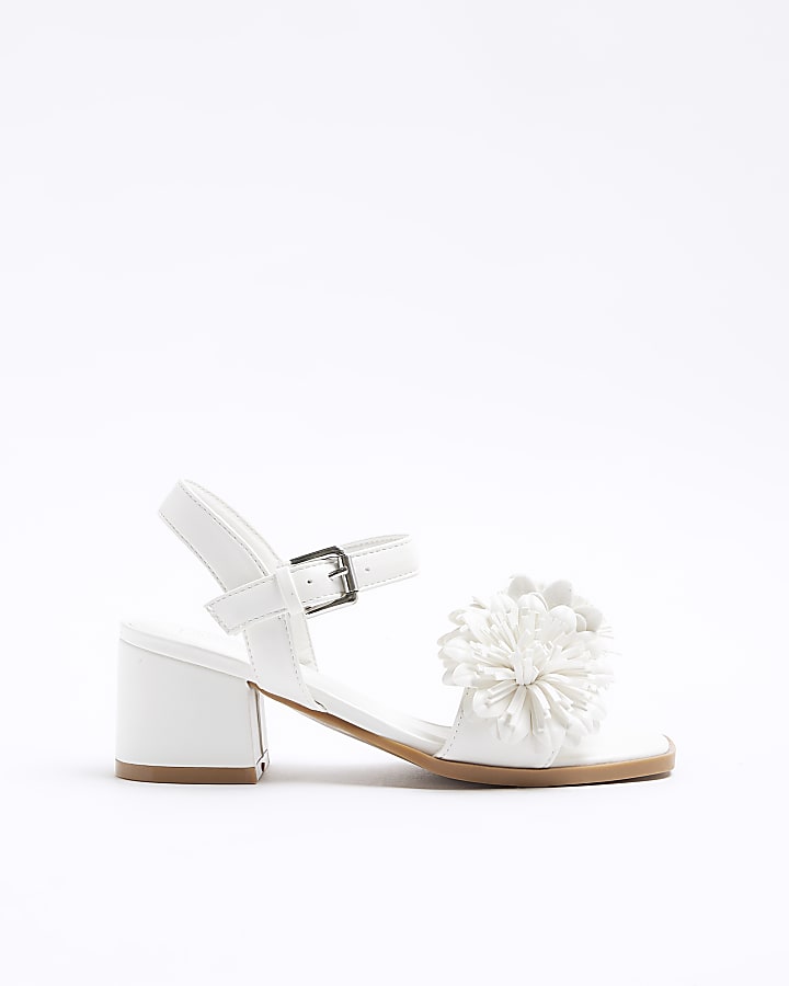 Girls white flower heeled sandals