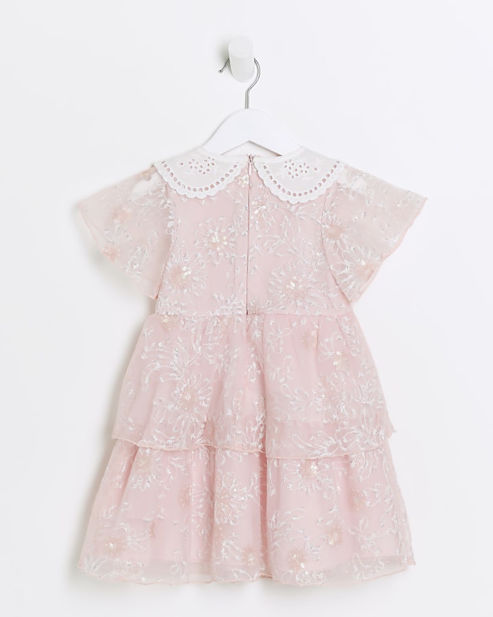 Mini girls pink floral tulle tiered dress