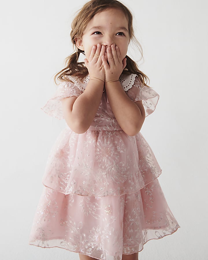 Mini girls pink floral tulle tiered dress