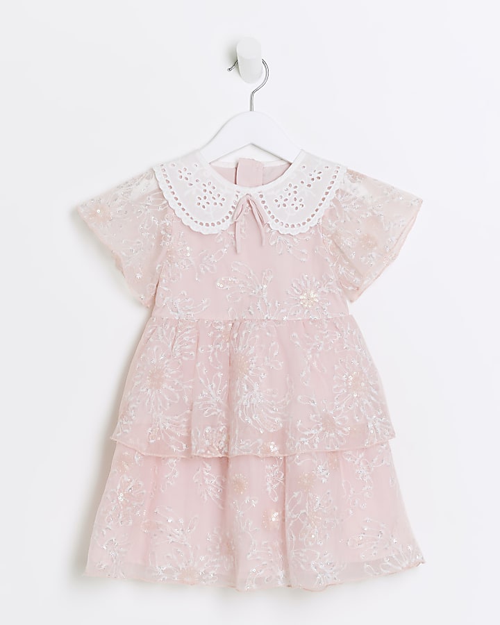 Mini girls pink floral tulle tiered dress