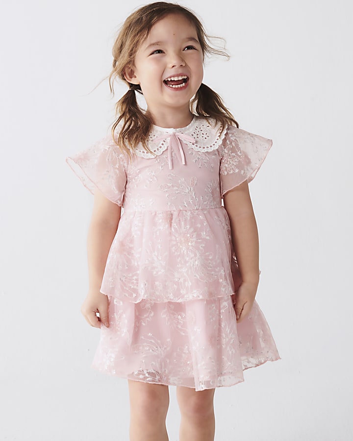 Mini girls pink floral tulle tiered dress