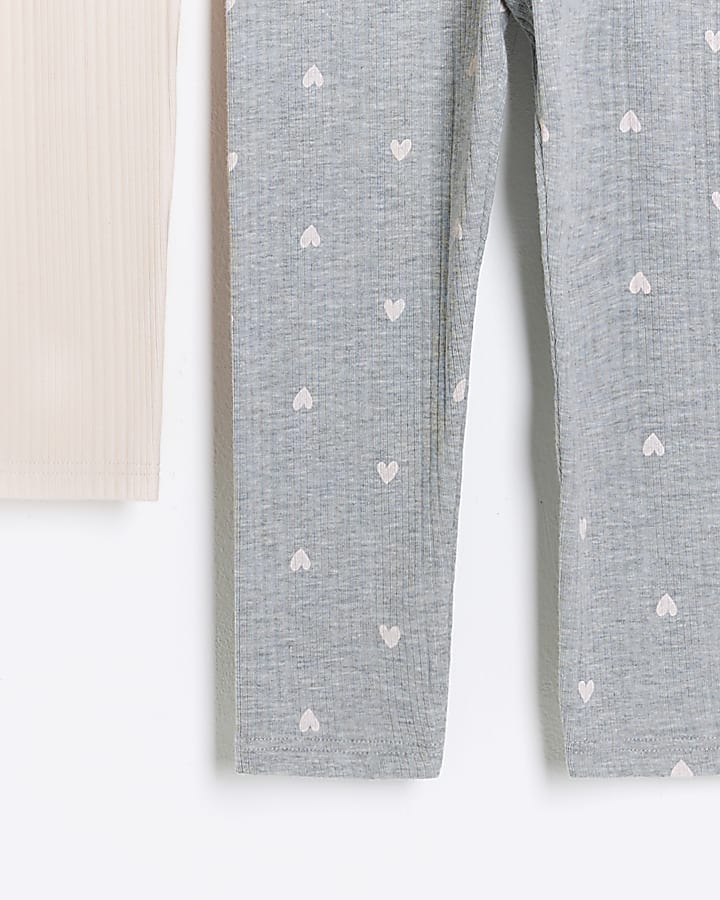 Mini girls grey rib heart leggings 2 pack