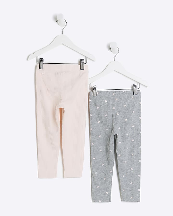 Mini girls grey rib heart leggings 2 pack