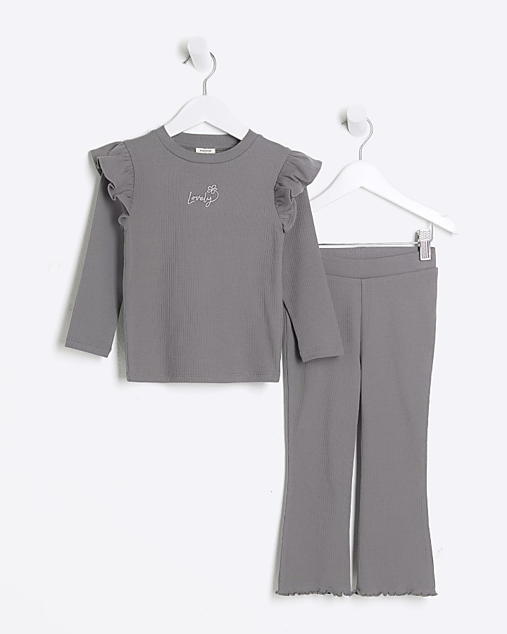 Mini girls grey top and flare trousers set River Island