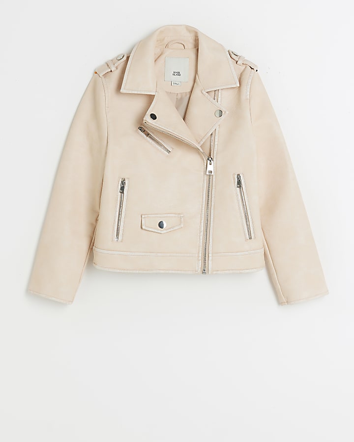 Girls pink faux leather biker jacket River Island