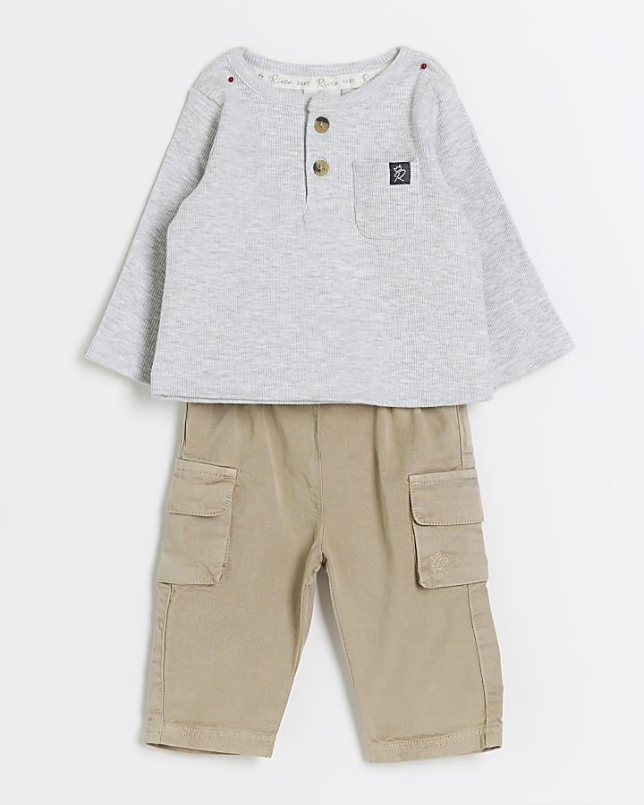 Baby boys grey rib top and cargo trousers set