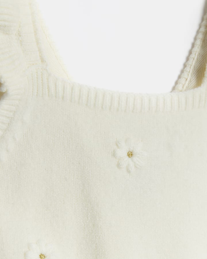 Baby girls cream knitted floral dungarees