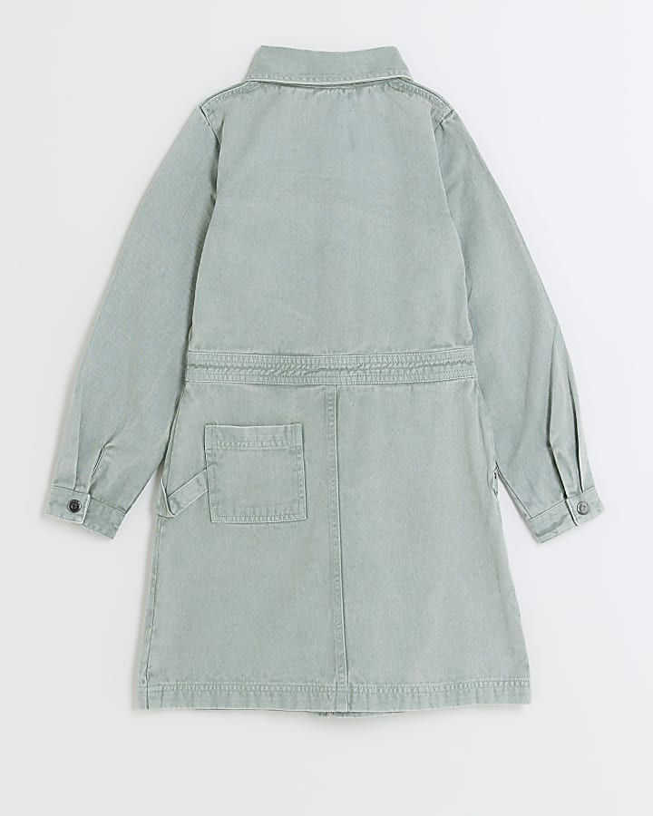 Girls green denim button up shirt dress