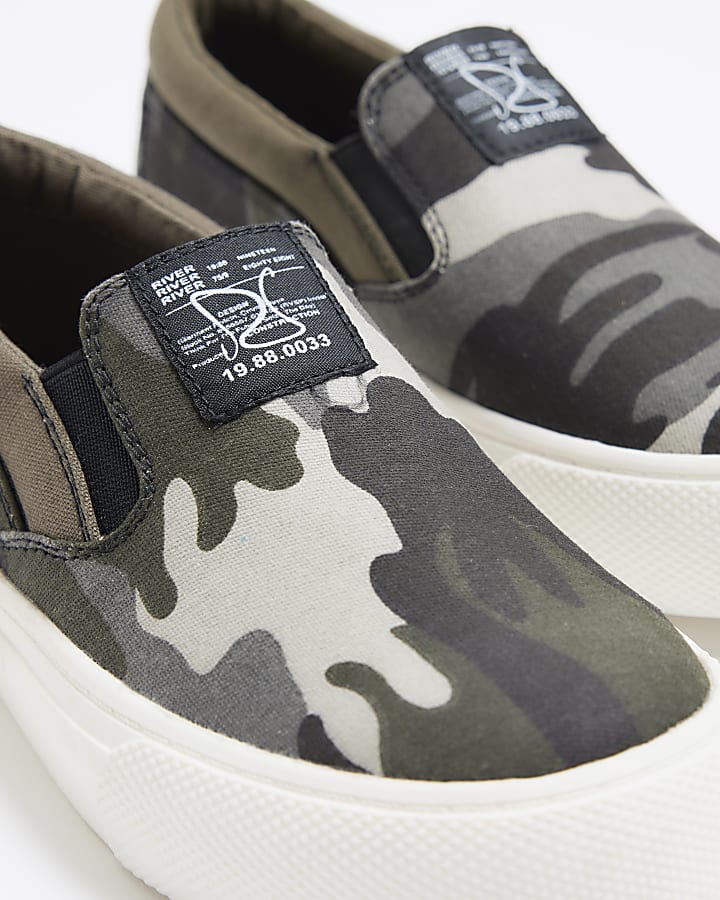 Boys khaki canvas camo slip on trainers