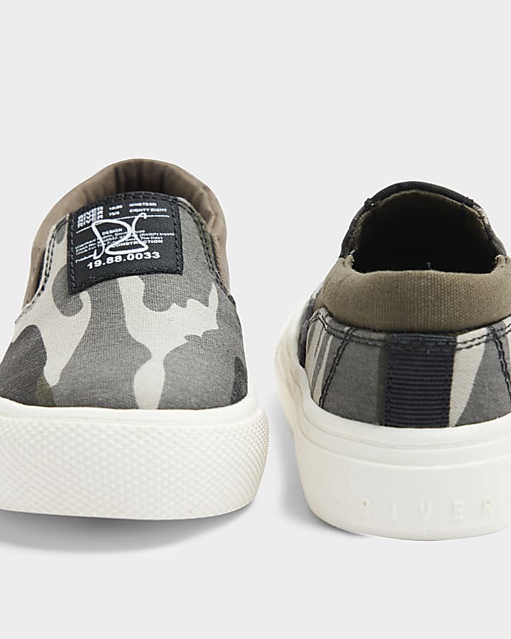 Mini Boys Khaki Canvas Camo Slip On Trainers