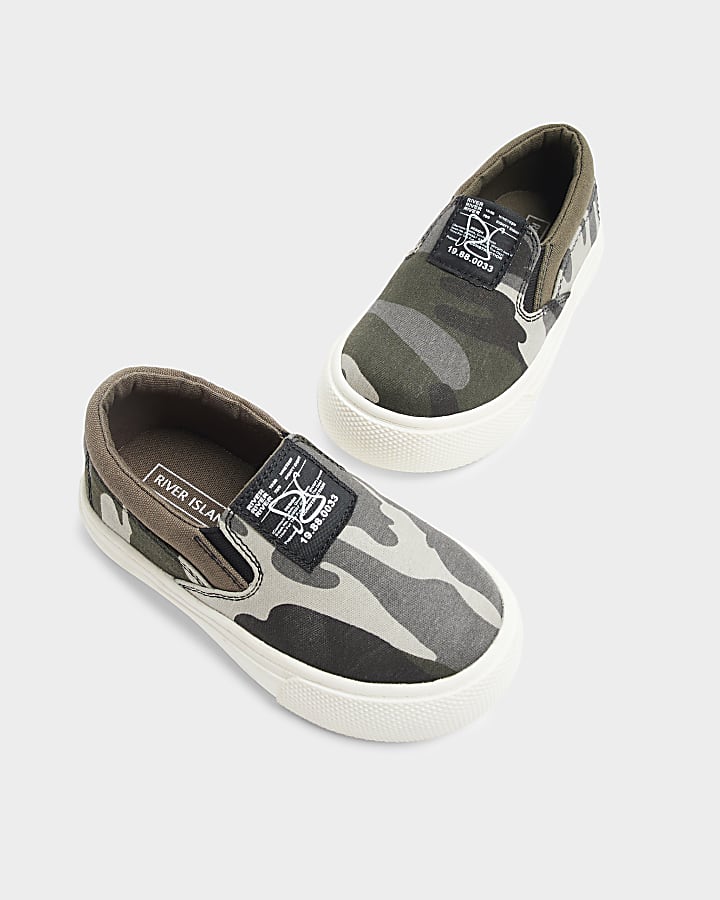 Mini Boys Khaki Canvas Camo Slip On Trainers