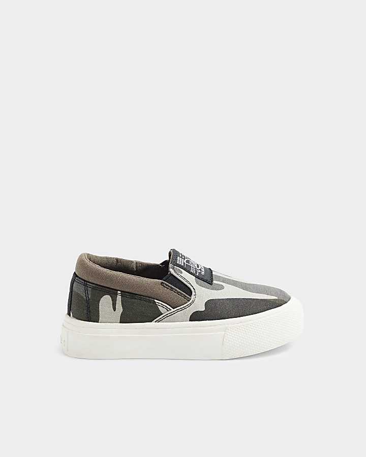 Mini Boys Khaki Canvas Camo Slip On Trainers