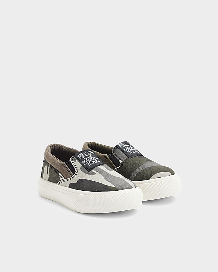 Mini Boys Khaki Canvas Camo Slip On Trainers