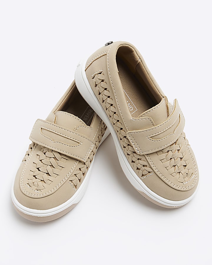 Mini boys beige weave velcro loafers