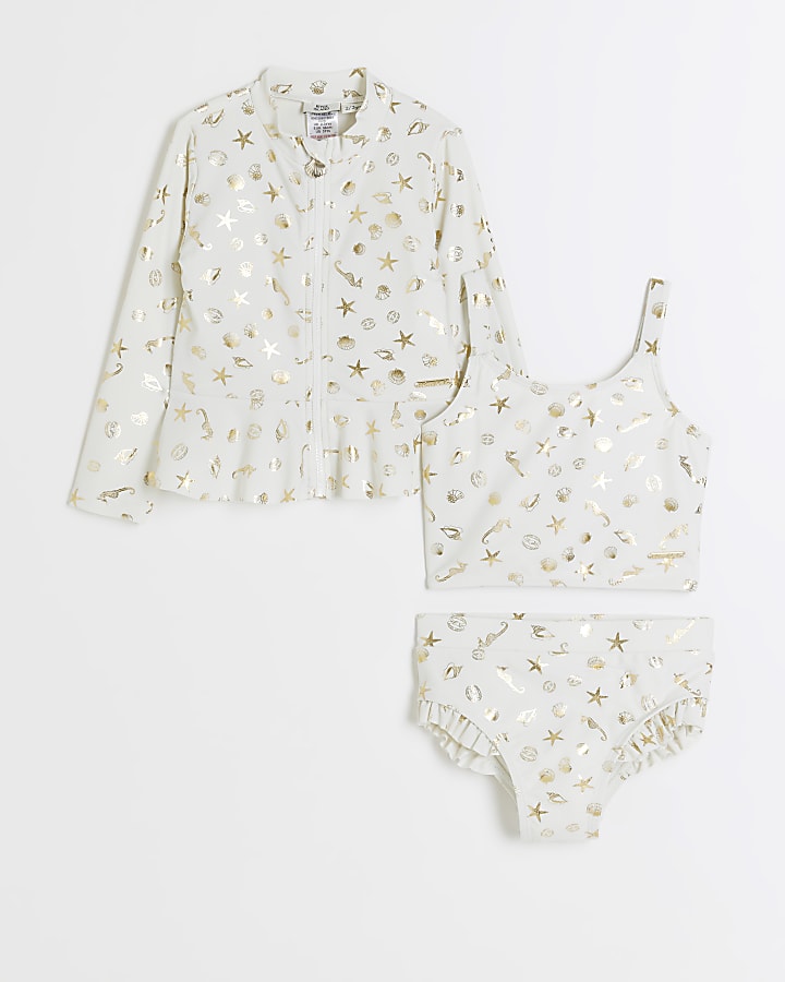 Mini girls cream shell frill bikini set