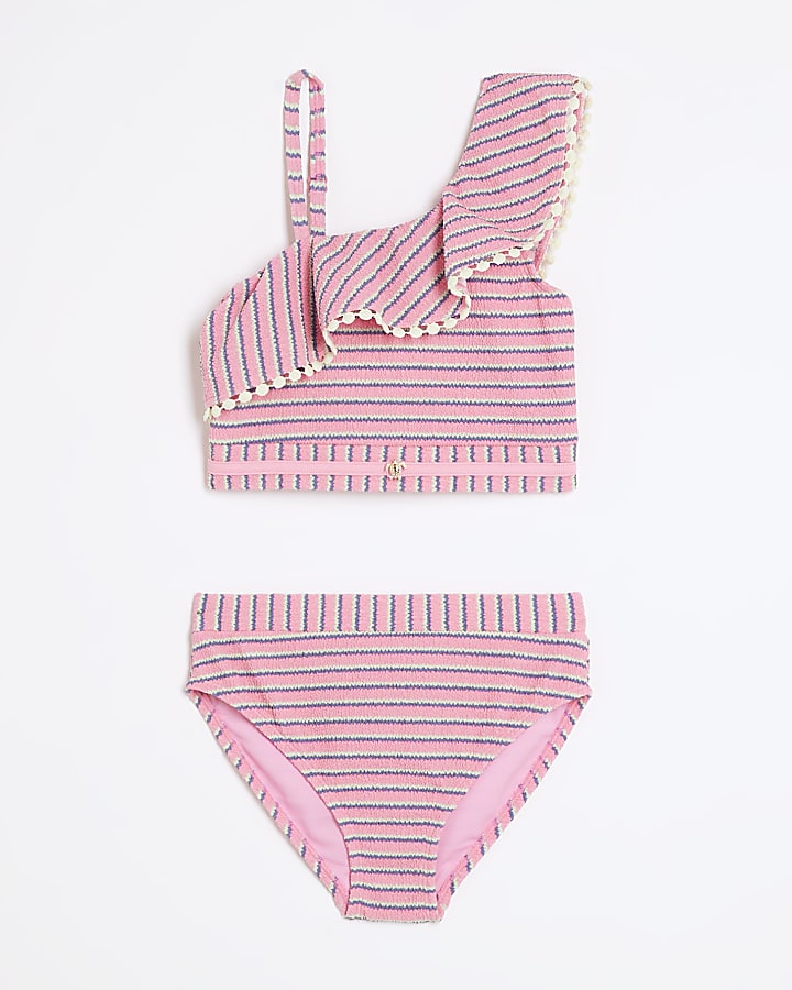 Girls pink striped frill bikini set