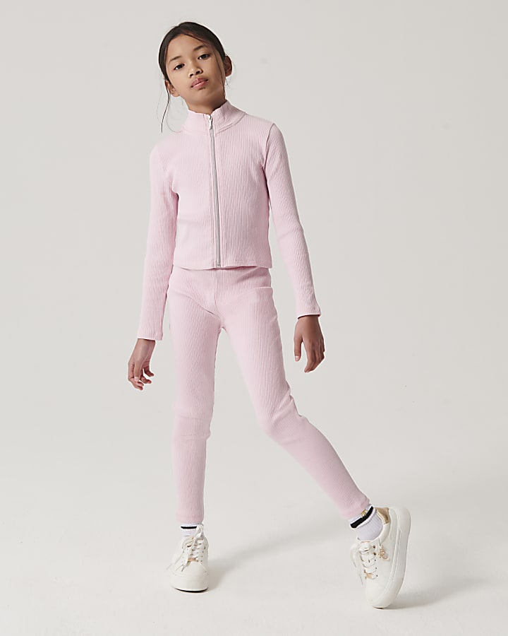 Girls pink rib zip up sweatshirt set River Island