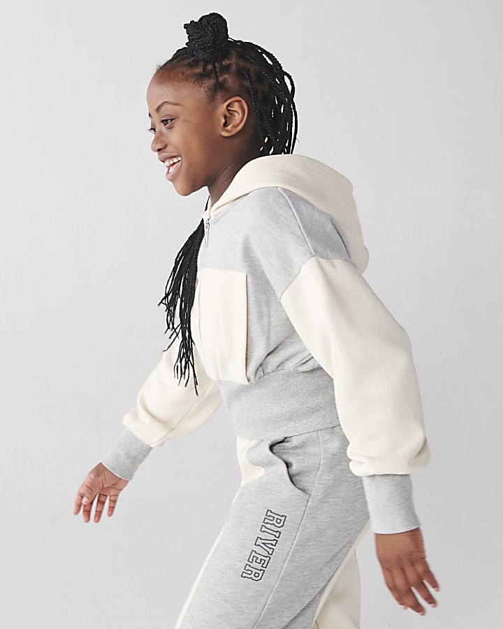 Girls grey colour block crop hoodie