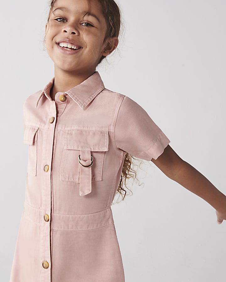 Girls pink denim look shirt dress