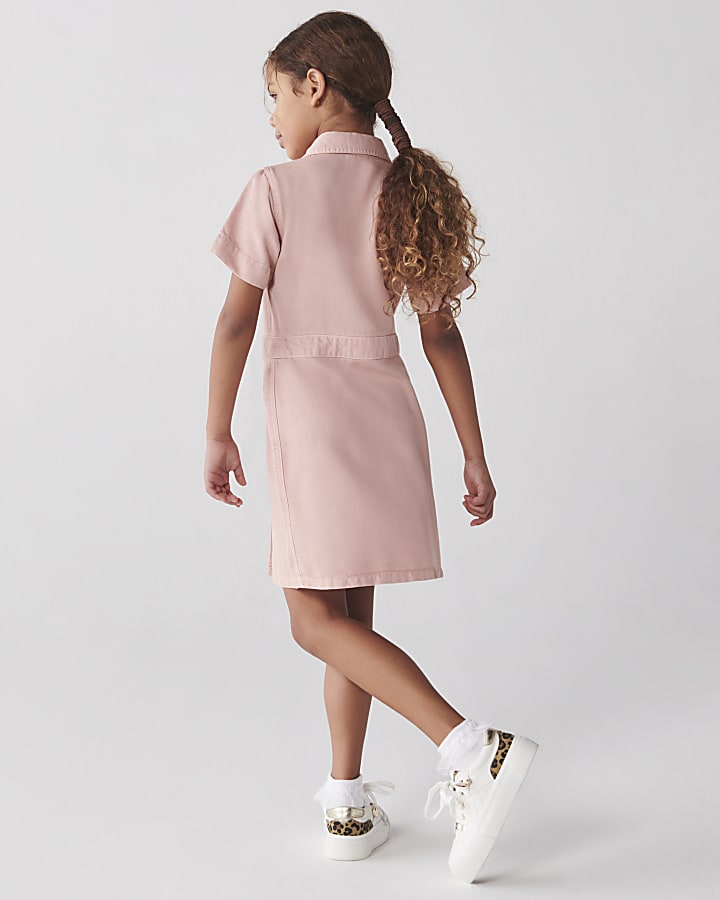 Girls pink denim look shirt dress