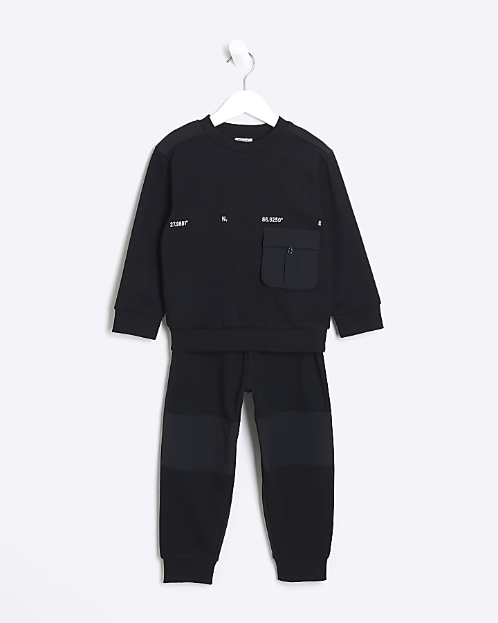 Mini boys black utility sweatshirt set