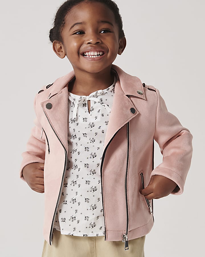 Mini girls pink suedette biker jacket