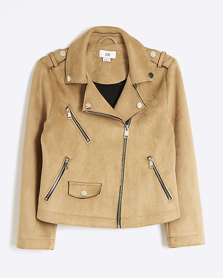 Girls brown zip up biker jacket