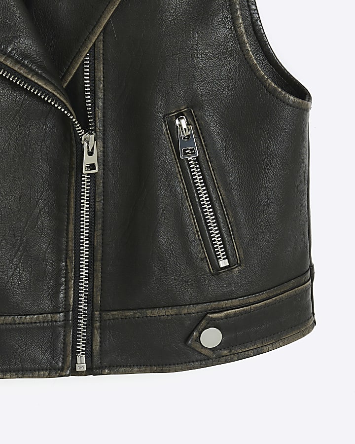 Girls black faux leather biker gilet